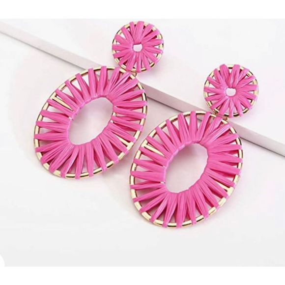 New Hand Made Anchored Raffia Rattan Oval Shaped Drop Statement Earrings - Picture 1 of 4